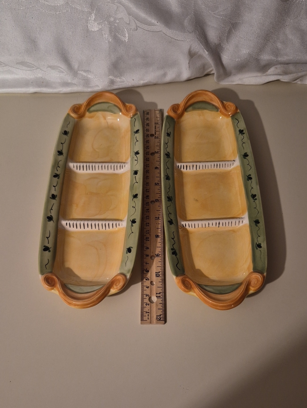 Pfaltzgraff Pistoulet Yellow & Green Divided Ceramic Serving Trays, Set of 2